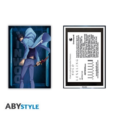 Póster anime com personagem segurando adaga vermelha e molde, verso com etiqueta ABYstyle.