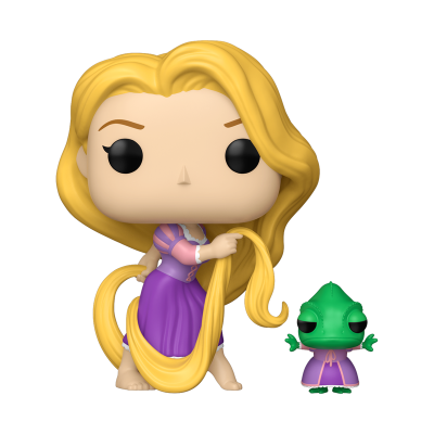 Figura Funko Pop da Rapunzel com vestido roxo e cabelo longo, ao lado de pequeno camaleão verde.