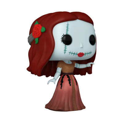 Figura colecionável Funko Pop com cabelo vermelho e vestido longo castanho e vermelho