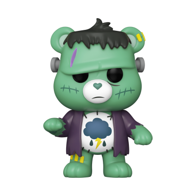 Figura de urso estilo Frankenstein verde com camisa branca e casaco roxo