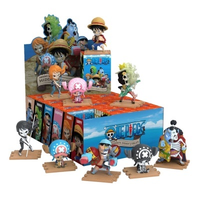 Figuras de ação miniatura One Piece em caixa de exposição azul