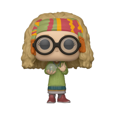 Figura Funko Pop loira com óculos e fita colorida na cabeça, vestida com roupa verde, azul e castanha, segurando uma esfera verde.
