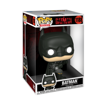 Figura Funko Pop! Batman modelo 1188 em caixa transparente com fundo vermelho e preto.