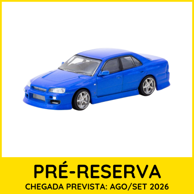 Miniatura de carro desportivo azul em fundo branco com moldura amarela e texto de pré-reserva.