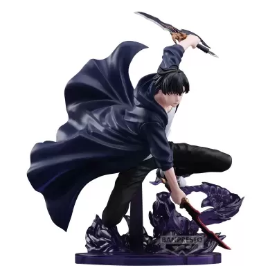 Figura colecionável personagem masculino com espadas em base roxa