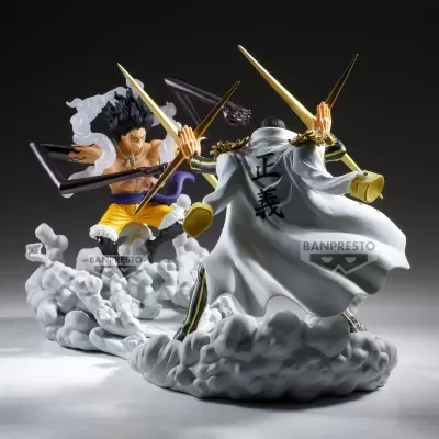 Figuras de anime Banpresto com detalhes em amarelo, branco, preto e dourado em bases de nuvens.