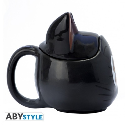 Caneca de cerâmica preta com formato de gato e orelhas 3D