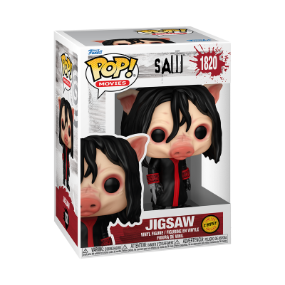 Figura Funko Pop! Jigsaw do filme SAW com rosto de porco e cabelo preto