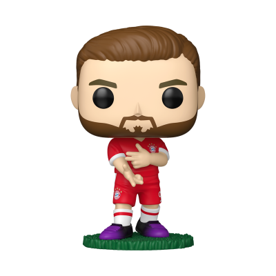 Figura Funko Pop de jogador de futebol com equipamento vermelho e base verde