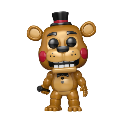 Figura animatrónica castanha com chapéu e microfone
