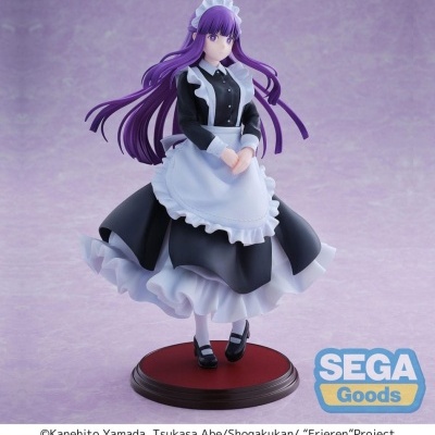Figura colecionável de personagem com vestido de empregada e cabelo roxo
