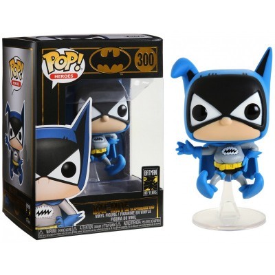 Figura Funko Pop! Batman n.º300 em fato azul e máscara preta com suporte transparente e caixa