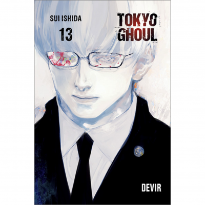 Capa do livro Tokyo Ghoul com ilustração de personagem de cabelo branco e óculos