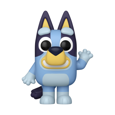 Figura colecionável azul de cão com mão a acenar em estilo cartoon
