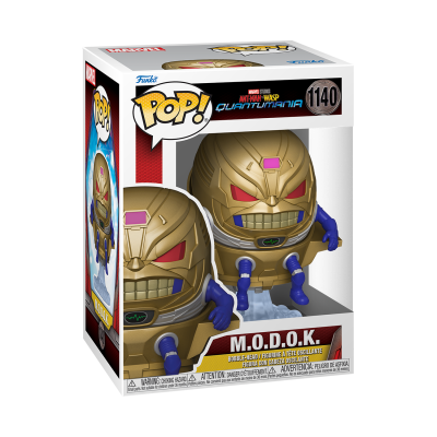 Figurinha Pop Funko M.O.D.O.K. dourada e azul na caixa Quantumânia nº1140