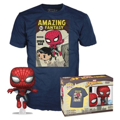 Conjunto merchandising Spider-Man com t-shirt azul e figura Funko Pop