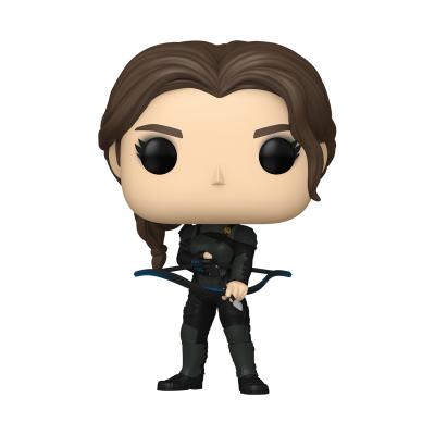 Figura Funko Pop com cabelo castanho e roupa preta segurando besta azul