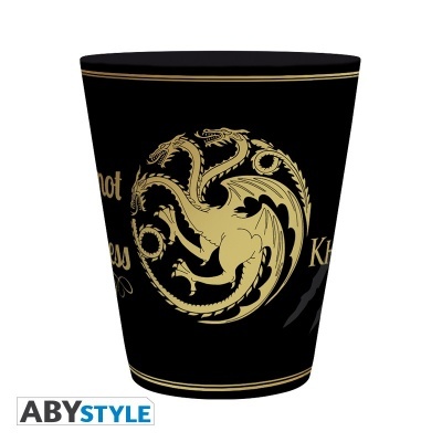 Vaso preto com símbolo dourado de dragão tricéfalo e texto decorativo