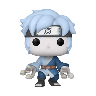 Funko Pop de personagem com cabelo azul claro e faixa na cabeça com símbolo de folha segurando pequenas criaturas brancas