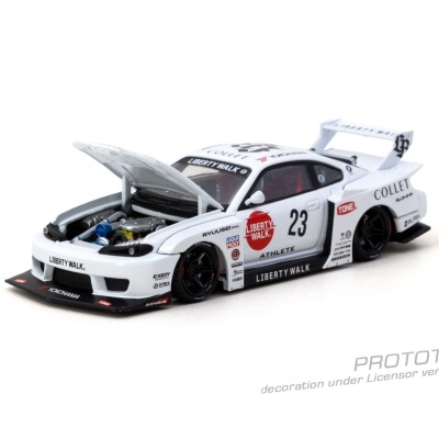 Miniatura de carro de corrida branco com capô aberto e número 23