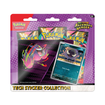 Conjunto Pokémon Tech Sticker Collection com cartas e envelope de colecionador, embalagem roxa.