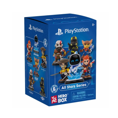 Embalagem azul do PlayStation com figuras colecionáveis da série All Stars