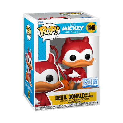 Boneco Funko Pop! Donald diabinho vermelho com abóbora em embalagem com janela