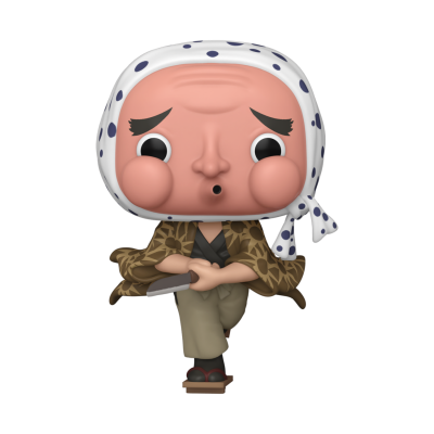 Figura Funko Pop com lenço branco e bolinhas azuis, casaco castanho e pose de equilíbrio