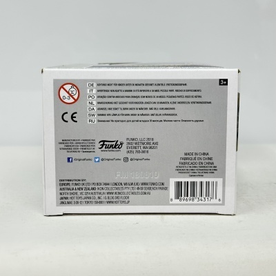 Parte traseira da embalagem branca de um produto Funko com avisos de segurança e informações do fabricante.