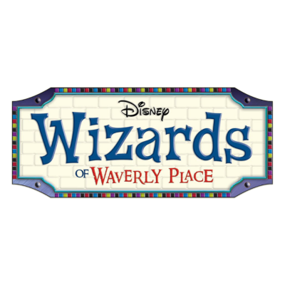 Placa colorida com o texto Disney Wizards of Waverly Place