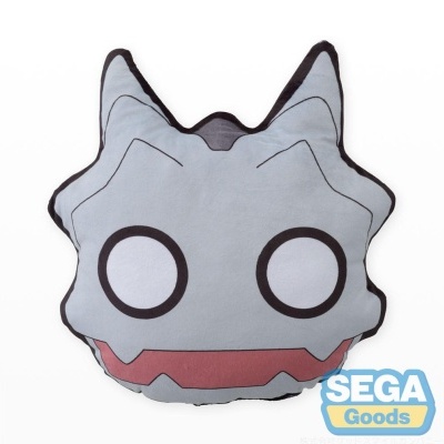 Almofada em forma de cabeça de personagem cinzenta com olhos grandes, boca vermelha e logótipo SEGA Goods.
