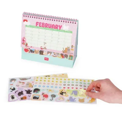 Calendário de mesa mês February com autocolantes de gatos e emojis