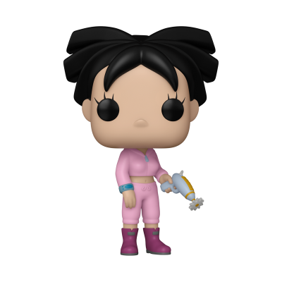 Boneca Funko Pop com roupa rosa e arma futurista azul e branco
