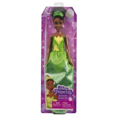 Boneca Disney Princess Tiana com vestido verde embalada em caixa rosa