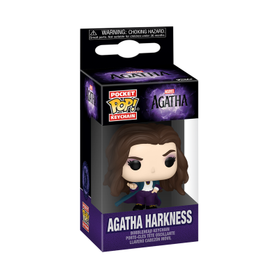 Chaveiro Pocket Pop! Agatha Harkness Marvel embalagem preta e roxa