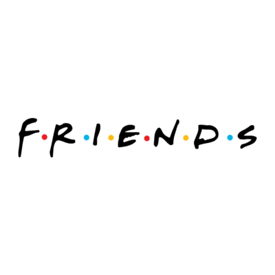 Logotipo da série Friends com letras pretas e pontos coloridos entre letras sobre fundo branco