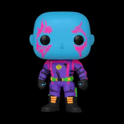 Boneco Funko Pop azul com fato roxo e detalhes coloridos