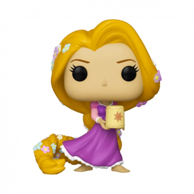 Figura Funko Pop Rapunzel com vestido roxo e cabelo amarelo longo decorado com flores