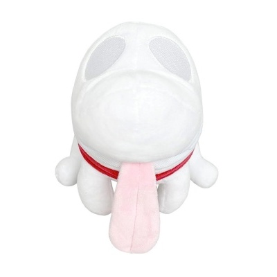 Pelúcia de cão branco com língua rosa grande e coleira vermelha