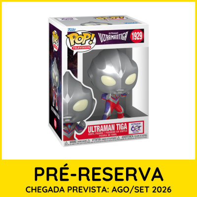 Funko Pop Ultraman Tiga número 1929 em caixa branca com texto Ultraman Tiga e pop televisao