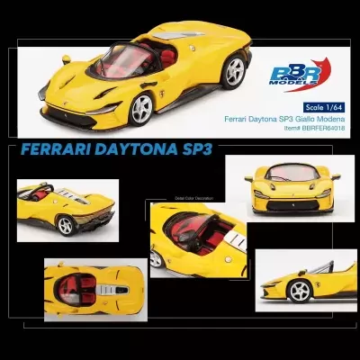 Miniatura Ferrari Daytona SP3 amarela com interior vermelho em várias perspetivas