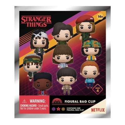 Embalagem de Figural Bag Clip Stranger Things com 9 personagens coloridos e aviso de segurança.