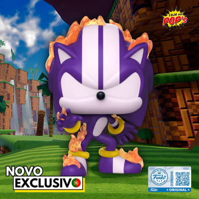 Figura Funko Pop do Sonic roxo com chamas e pulseiras, cenário de videojogo, selo Funko e texto NOVO EXCLUSIVO