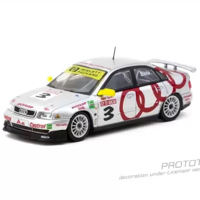 Carro de corrida miniatura Audi A4 branco com decoração vermelha e adesivos