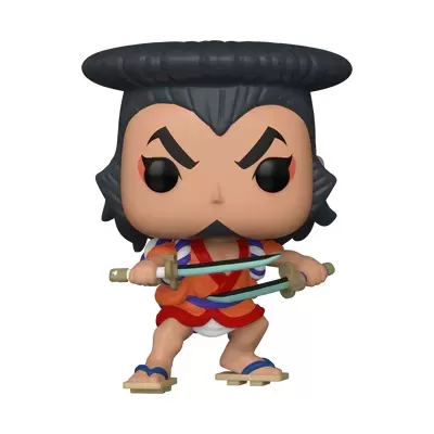 Figura Funko Pop de personagem com quimono vermelho e duas espadas