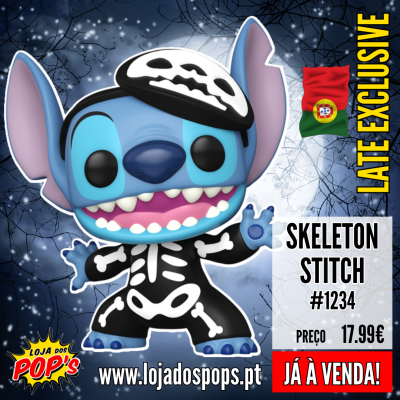 Figura Pop! Skeleton Stitch com traje esqueleto preto e branco e grande orelhas azuis