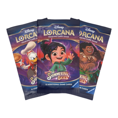 Packs de cartas colecionáveis Disney Lorcana Shimmering Skies com ilustrações coloridas