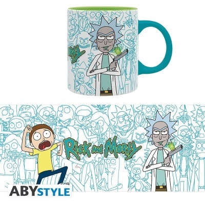 Caneca Rick and Morty branca com interior verde e pega azul e personagens reciclados