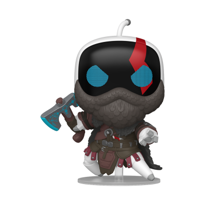 Figura Funko Pop com rosto negro e barba, vestindo traje de guerreiro e segurando machado azul