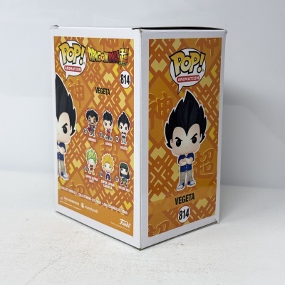 Embalagem Funko Pop! Dragon Ball Super Vegeta 814 em fundo laranja e branco